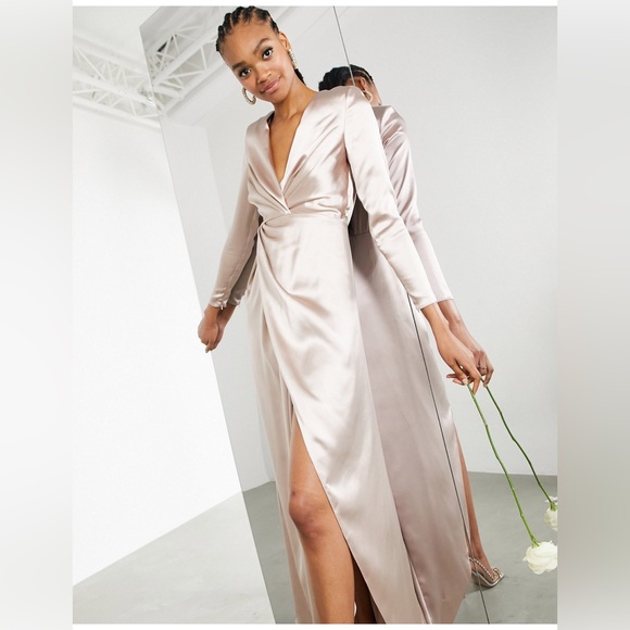 asos edition pleated plunge wrap wedding dress in satin ASOS Sadie Pleated Plunge Wrap Wedding Dress